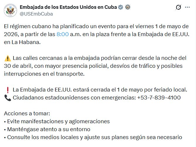 Embajada de EE.UU en Cuba advierte sobre la marcha del 1ro de Mayo