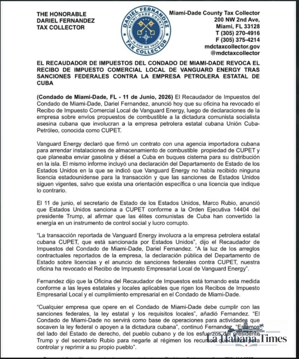 Miami-Dade revoca permiso local a Vanguard Energy tras acuerdo para enviar combustible a Cuba usando instalaciones de CUPET